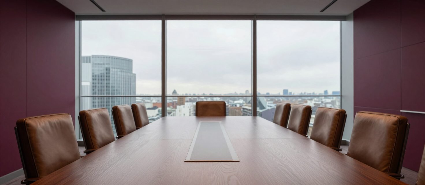 A modern boardroom with a long walnut table and floor-to-ceiling glass